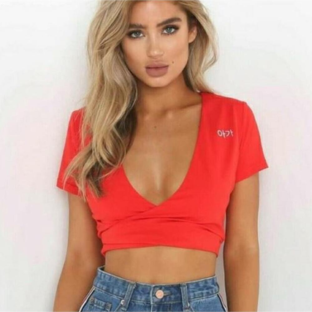 I.AM.GIA Bold Red Korean Tie/Wrap Crop Top